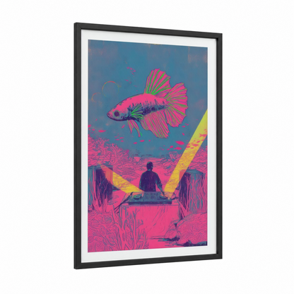 Neon Betta Fish framed fighting fish print — black wood frame — magenta and blue palette