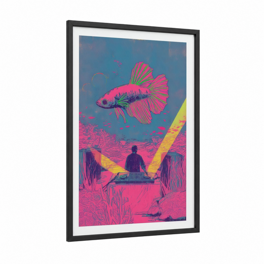 Neon Betta Fish framed fighting fish print — black wood frame — magenta and blue palette
