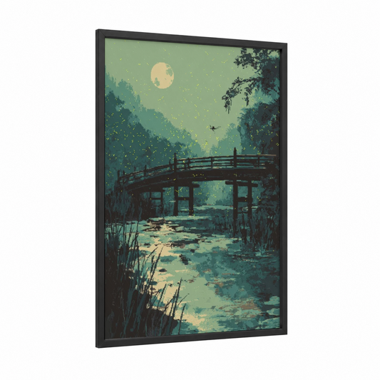 Moonlit Fireflies Bridge framed art print — black wood frame — light green and gold palette