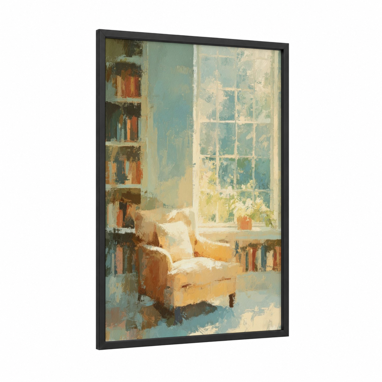 Sunlit Library Corner framed art print — black wood frame — cream and gold and white palette
