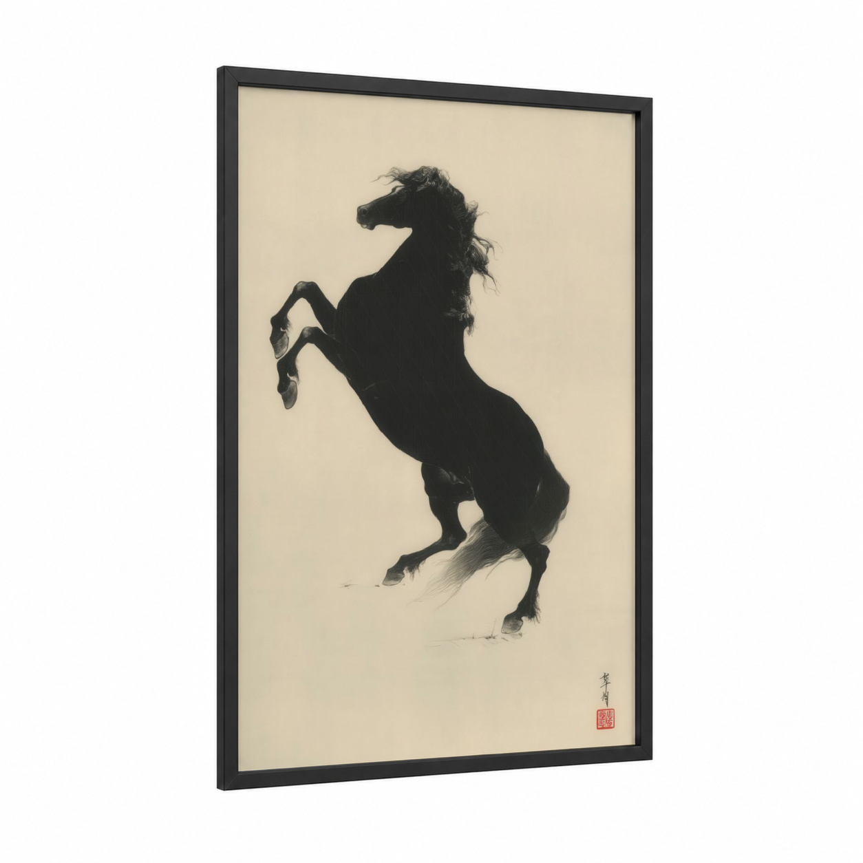 Quarter Horse Rearing framed art print — black wood frame — black and white palette