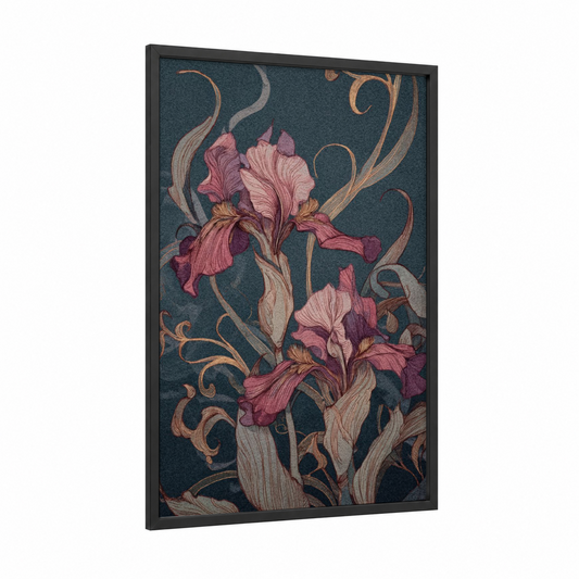 Ornamental Iris Blooms framed art print — black wood frame — magenta and teal palette
