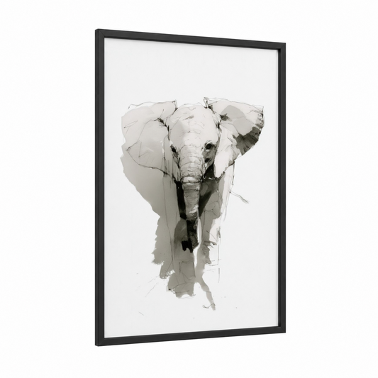 Serene Elephant Portrait framed savanna elephant print — black wood frame — gray and black and white palette