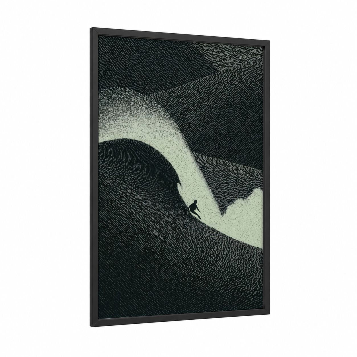 Midnight Wave Surfer framed surfing print — black wood frame — black and white and gray palette
