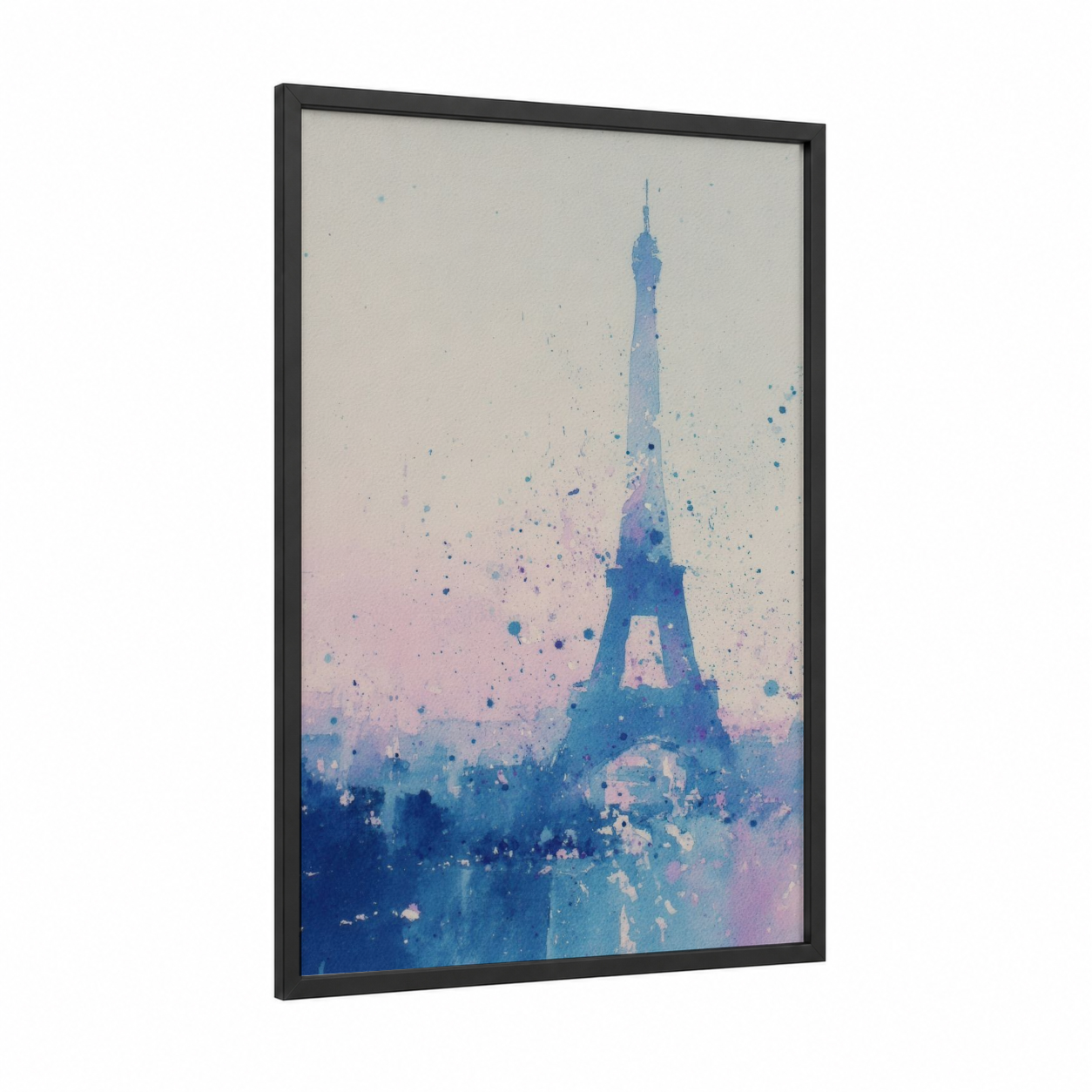 Watercolor Eiffel Tower framed art print — black wood frame — blue and pink palette
