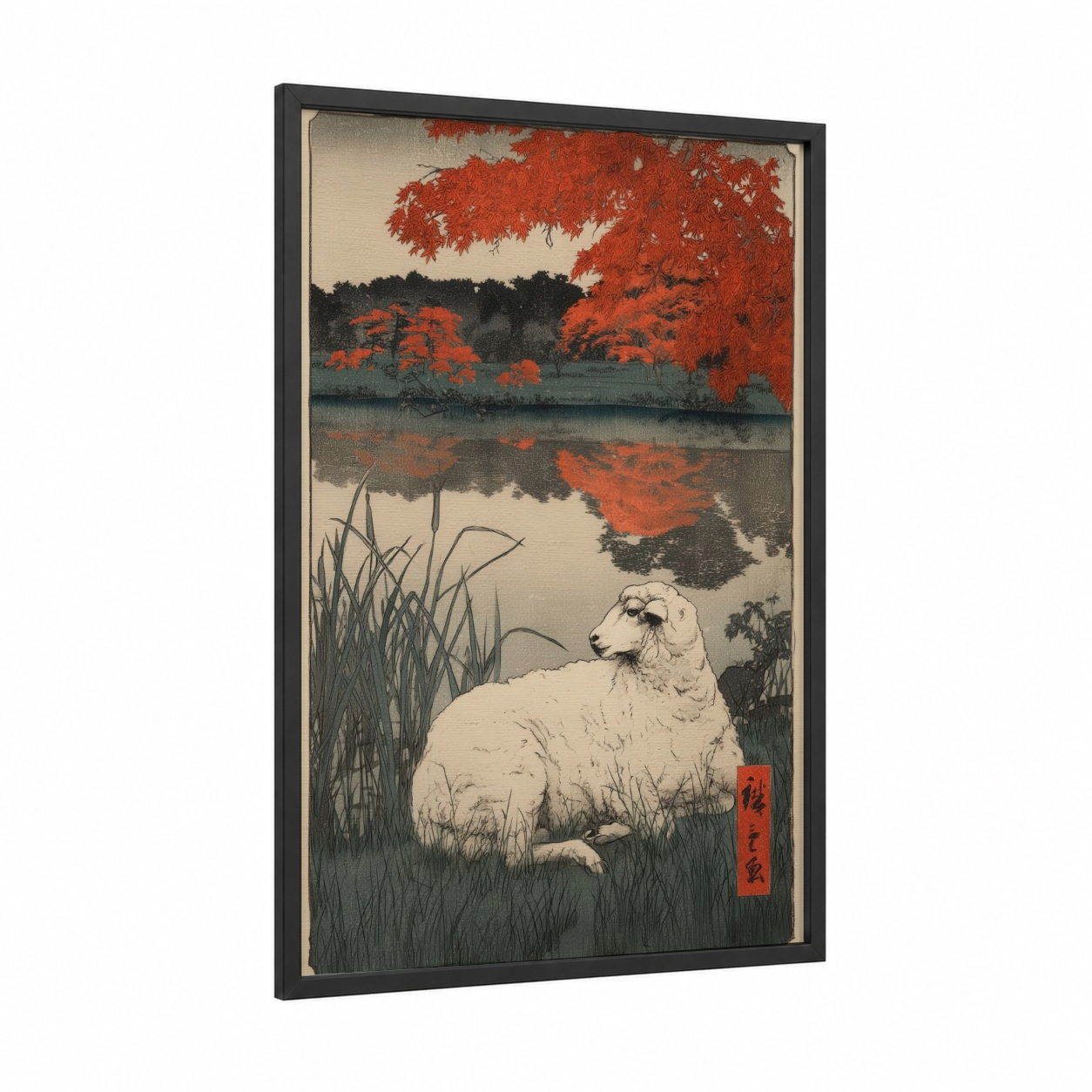 Autumn Sheep Reflection framed art print — black wood frame — red and cream palette