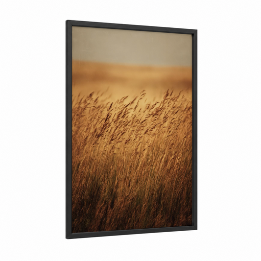 Golden Grain Field framed art print — black wood frame — gold and beige palette
