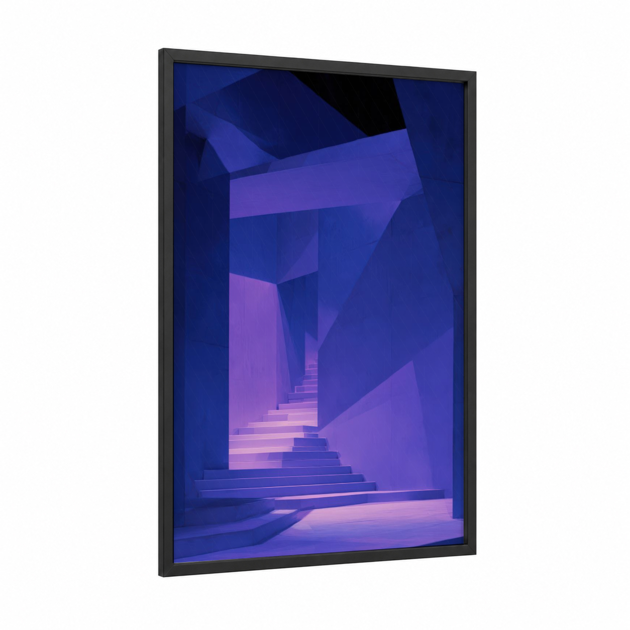 Purple Theater Stairs framed art print — black wood frame — blue and purple palette