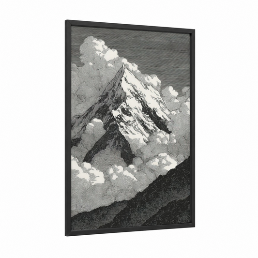 Snowy Everest framed mount everest print — black wood frame — black and white and gray palette