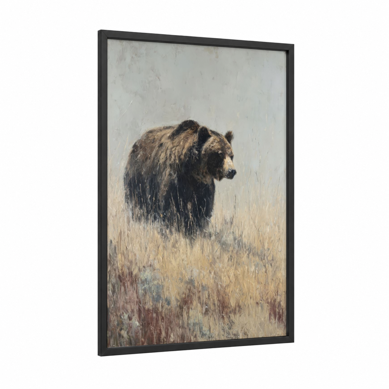 Snowy Grizzly framed grizzly bear print — black wood frame — cream and gray and white palette