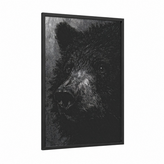 Intense Sloth Bear framed art print — black wood frame — black and white palette