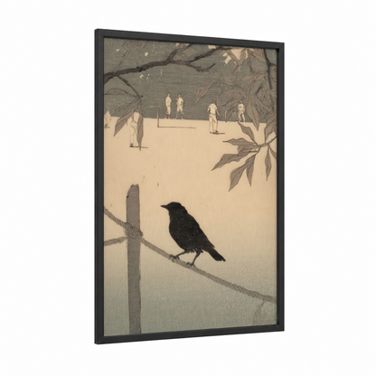Cricket Match Observation framed art print — black wood frame — beige and black palette