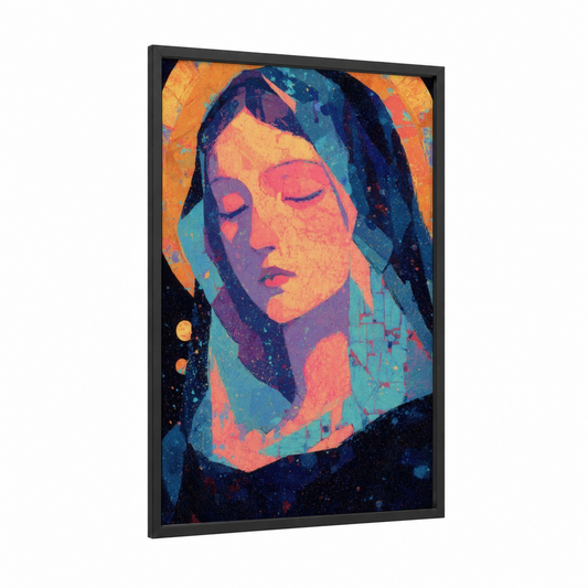 Celestial Virgin framed virgin mary print — black wood frame — blue and gold palette