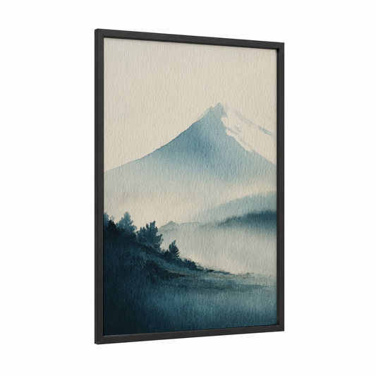 Misty Volcano Peak framed art print — black wood frame — blue and cream palette