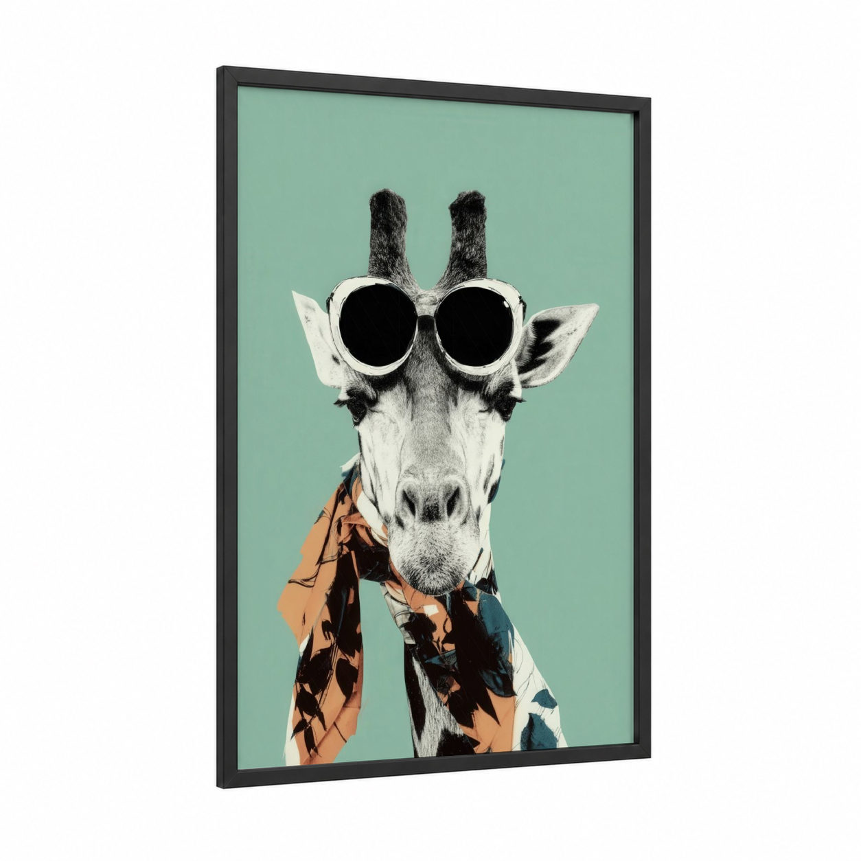 Cool Giraffe framed art print — black wood frame — aquamarine and black and white palette