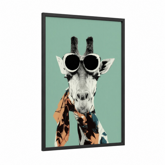 Cool Giraffe framed art print — black wood frame — aquamarine and black and white palette
