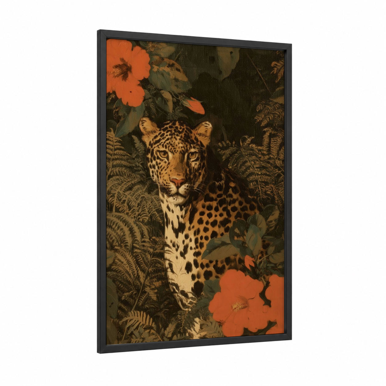 Jungle Leopard framed art print — black wood frame — gold and dark green palette