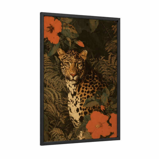 Jungle Leopard framed art print — black wood frame — gold and dark green palette
