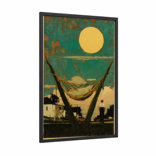 Golden Hammock Dream framed hamster print — black wood frame — teal and gold palette