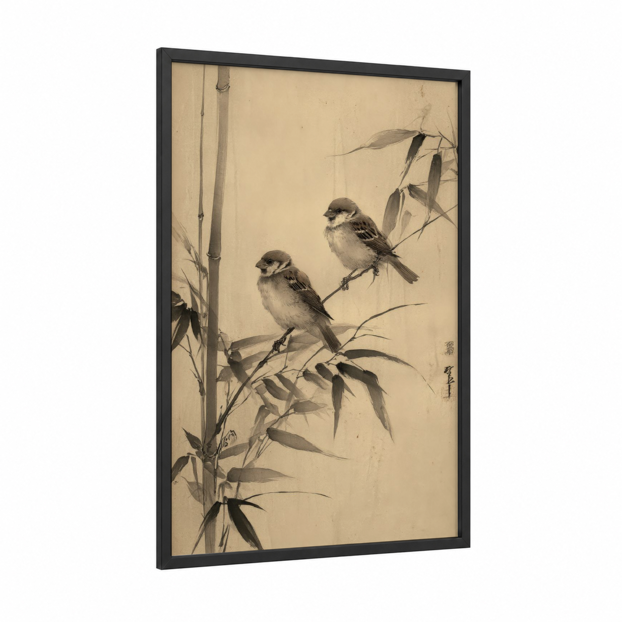 Bamboo Songbirds framed art print — black wood frame — black and white and beige palette