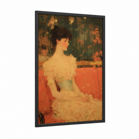 Elegant Portrait Woman framed vintage fashion print — black wood frame — cream and russet palette
