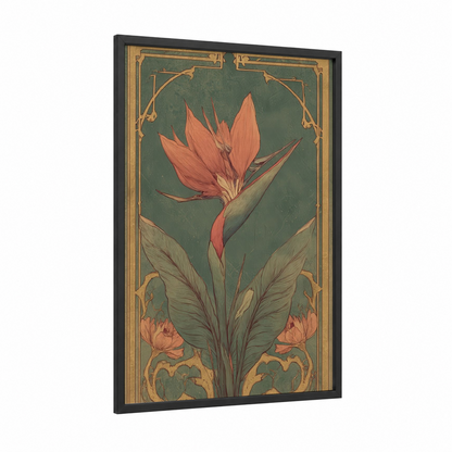 Coral Bird Paradise framed birds of paradise print — black wood frame — sage green and salmon pink palette