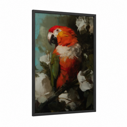 Scarlet Macaw Portrait framed safari parrots print — black wood frame — red and blue and white palette