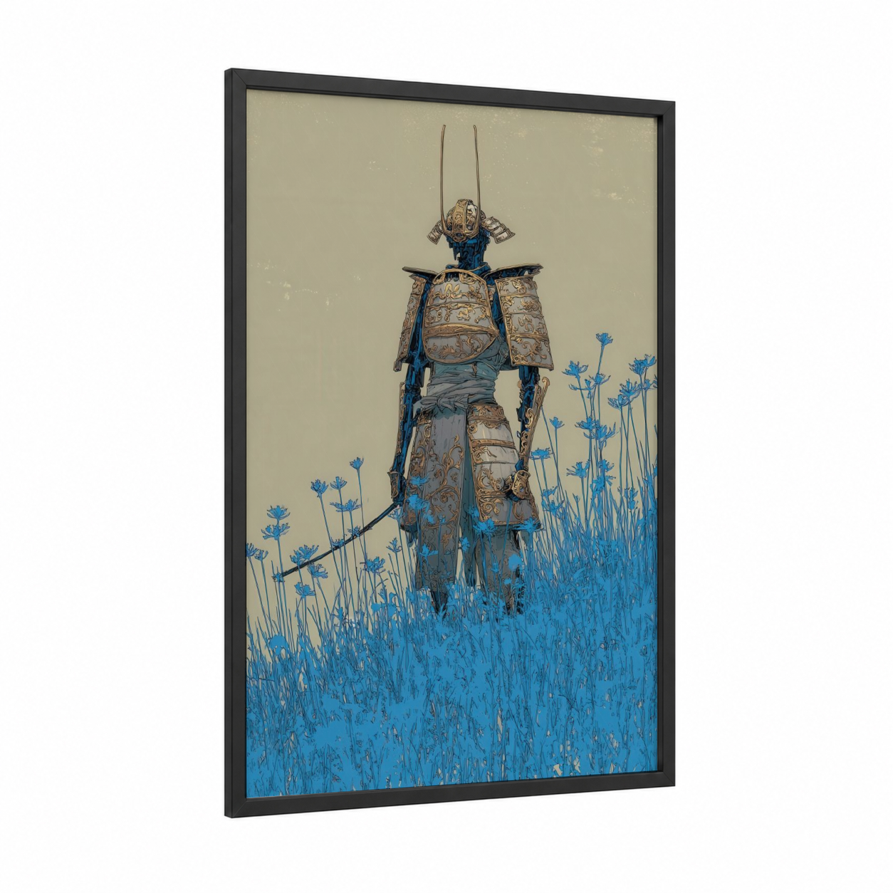 Armored Wanderer framed sci-fi print — black wood frame — blue and beige palette