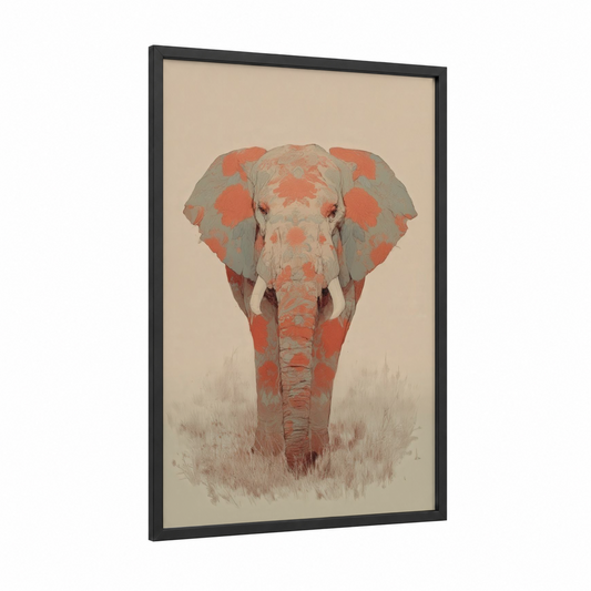 Coral Savanna Elephant framed art print — black wood frame — russet and cream palette