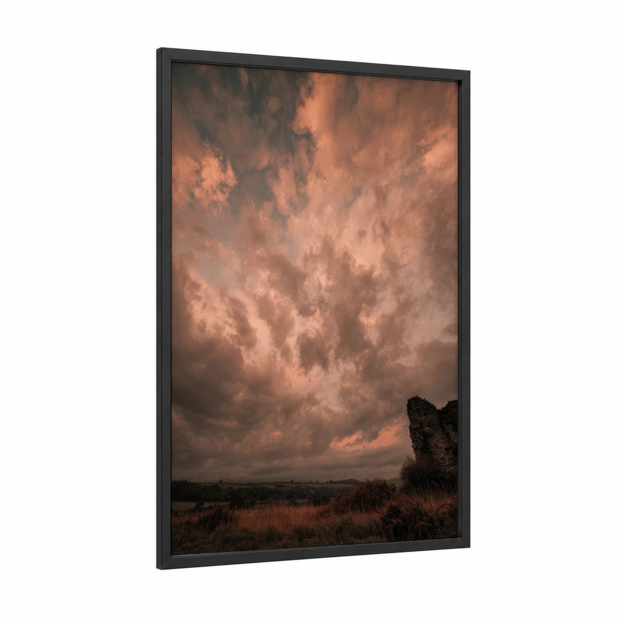 Dramatic Morning Sky framed art print — black wood frame — champagne gold and dove gray palette