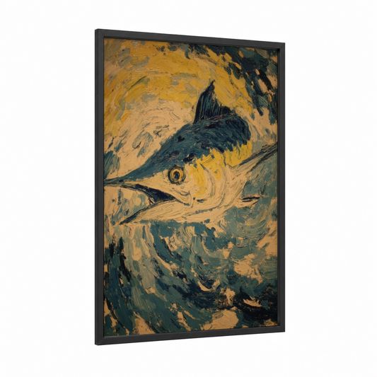 Golden Marlin framed art print — black wood frame — yellow gold and dark green palette