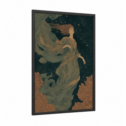 Celestial Fairy framed art print — black wood frame — sage green and gold palette