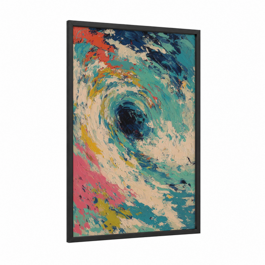 Swirling Tuna framed art print — black wood frame — teal and red palette