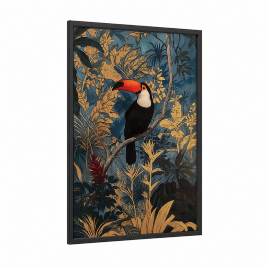 Golden Toucan framed art print — black wood frame — teal and gold palette