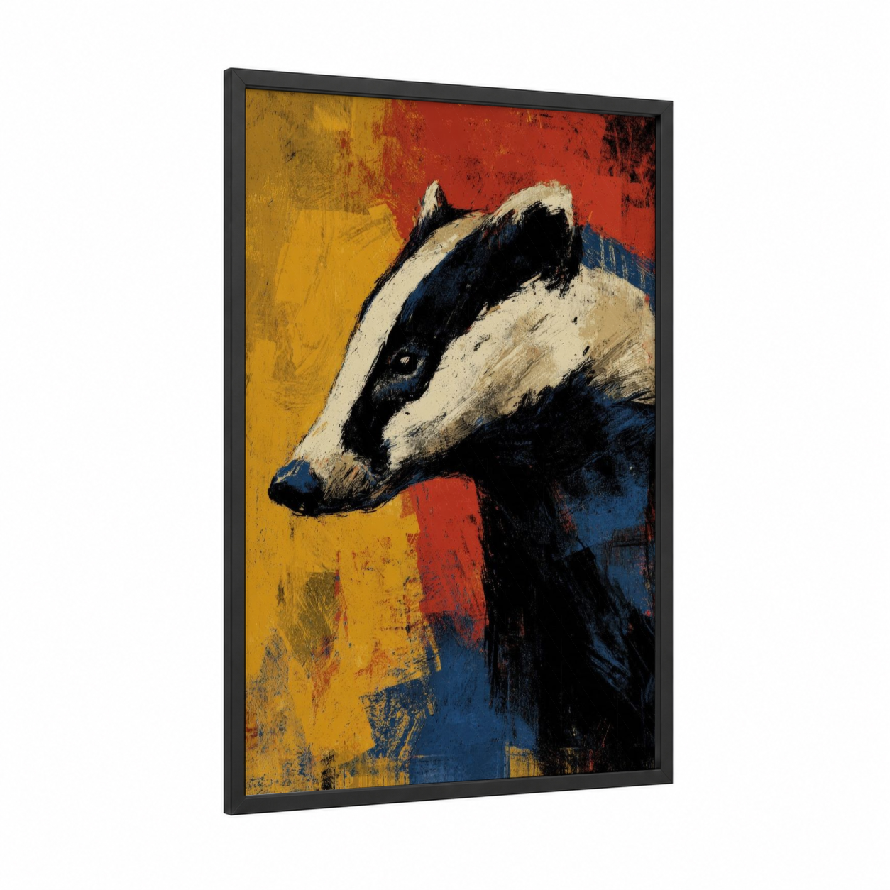Bold Badger framed art print — black wood frame — gold and red palette
