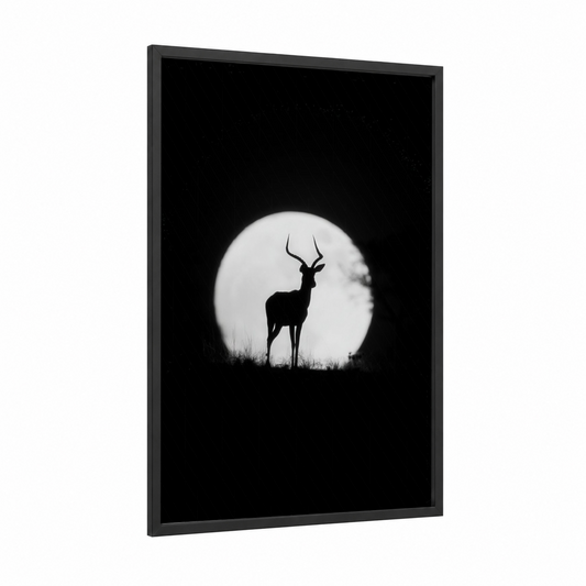 Moonlit Antelope framed art print — black wood frame — black and white palette