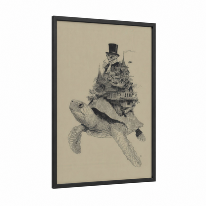 Steampunk Turtle Adventure framed art print — black wood frame — black and white and cream palette