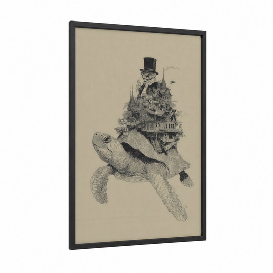 Steampunk Turtle Adventure framed art print — black wood frame — black and white and cream palette