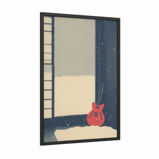Winter Red Guitar framed electric guitar print — black wood frame — red and dark blue palette