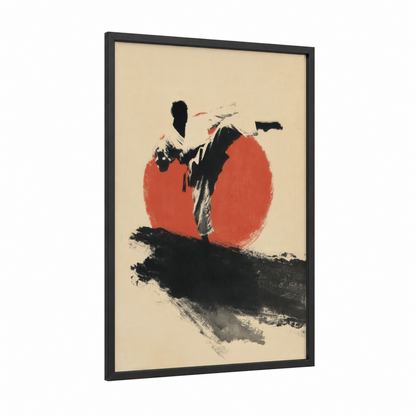 Crimson Kung Fu framed art print — black wood frame — red and black and white palette