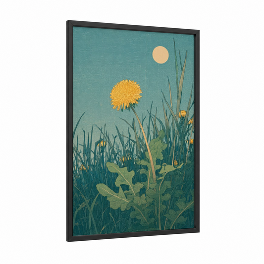 Golden Dandelion Meadow framed art print — black wood frame — teal and gold palette