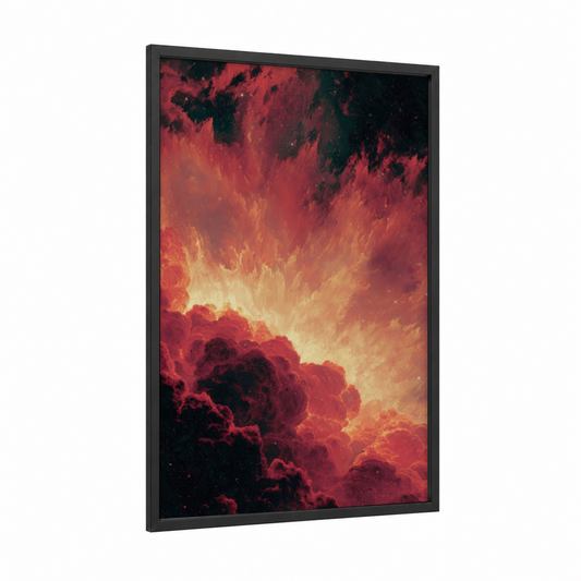 Crimson Supernova framed art print — black wood frame — red and black and gold palette