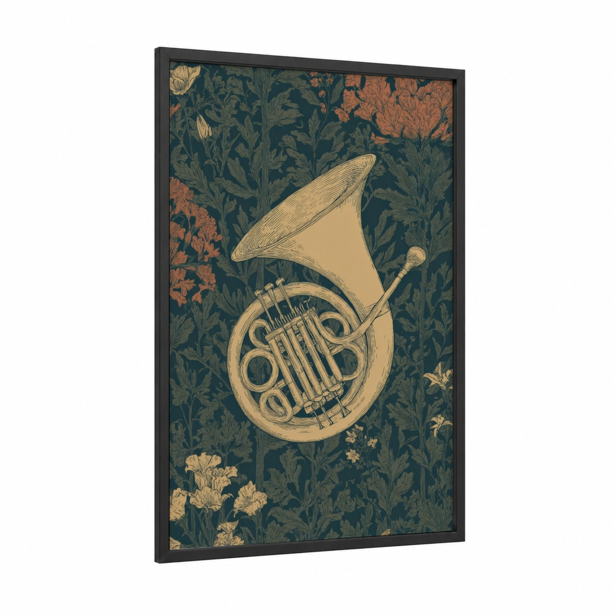Golden French Horn framed art print — black wood frame — gold and dark green palette