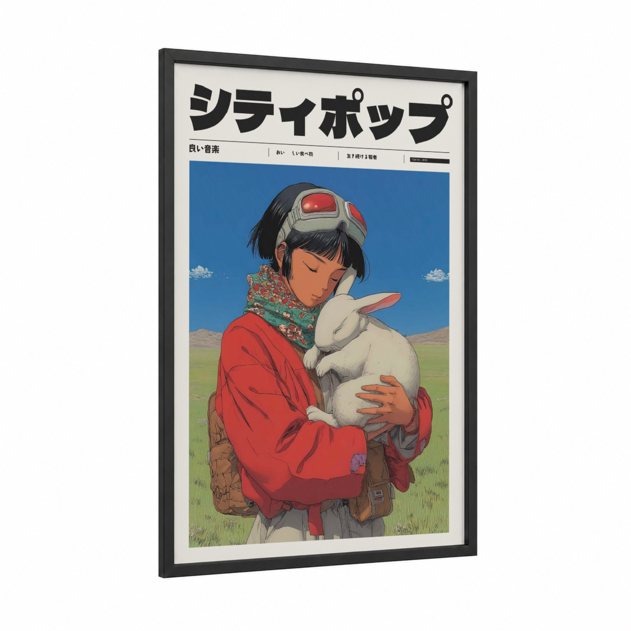 Girl with Rabbit framed art print — black wood frame — red and blue palette