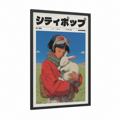 Girl with Rabbit framed art print — black wood frame — red and blue palette
