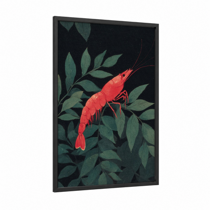 Scarlet Shrimp framed art print — black wood frame — red and dark green palette