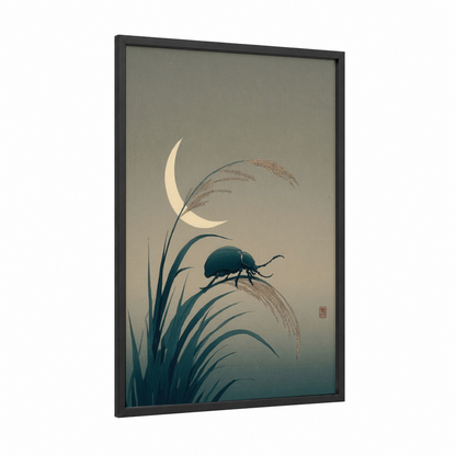 Moonlit Beetle framed art print — black wood frame — dove gray and teal palette