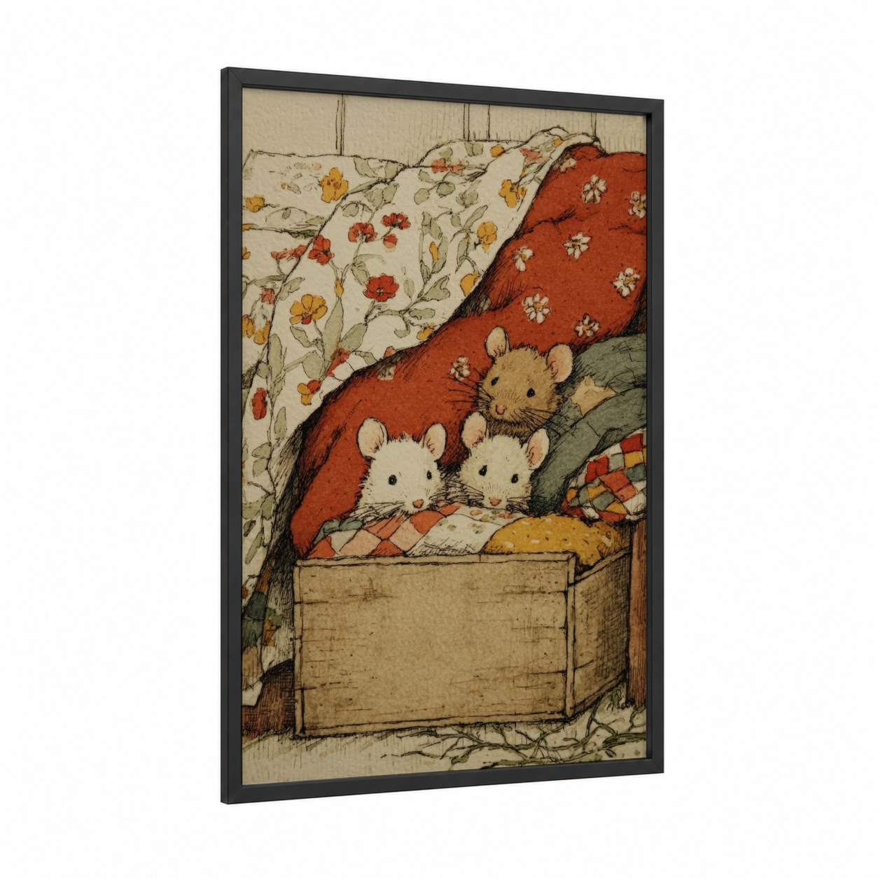 Cozy Mice Trio framed art print — black wood frame — russet and cream palette