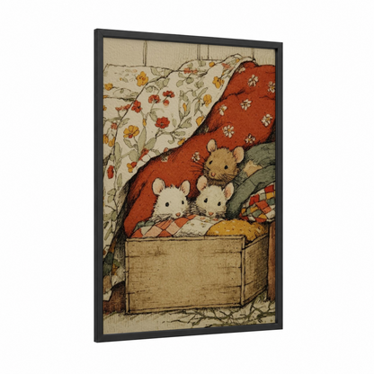 Cozy Mice Trio framed art print — black wood frame — russet and cream palette