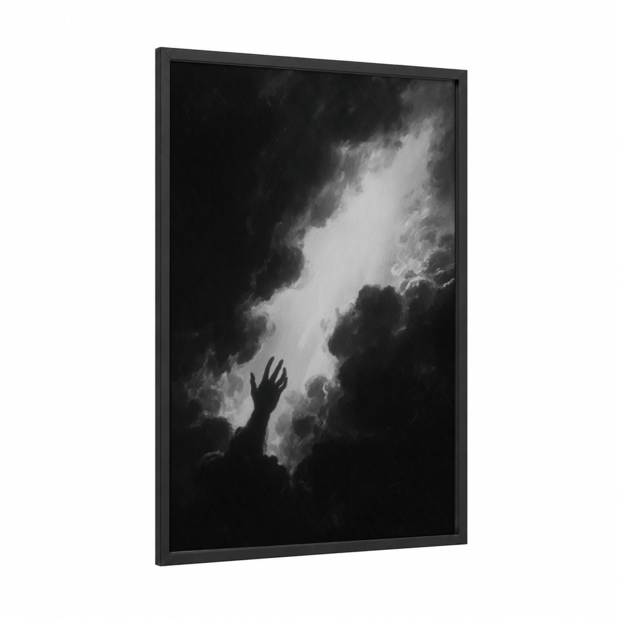 Reaching Light framed christian symbols print — black wood frame — black and white palette